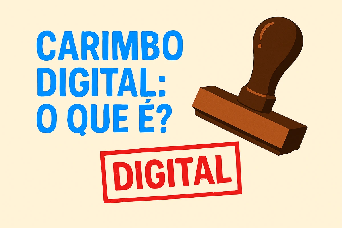 Imagem ilustrativa mostrando a frase "Carimbo Digital: O que é?" em letras azuis, ao lado de um carimbo tradicional marrom e a palavra "DIGITAL" em vermelho dentro de uma borda retangular. Representa o conceito de autenticação digital e segurança de documentos eletrônicos.